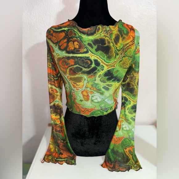 Shein multi-coloured sheer tie-front top with bell sleeves XS - Picture 7 of 8